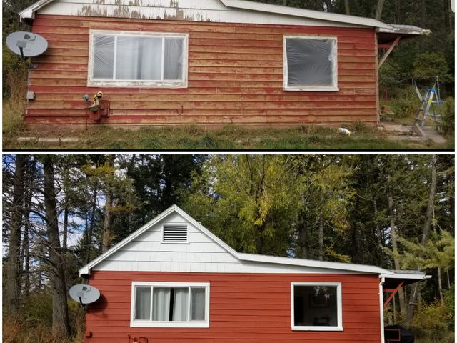 Before and after of a cottage exterior: weathered, peeling red siding stripped back and repainted a solid barn red with fresh white trim.