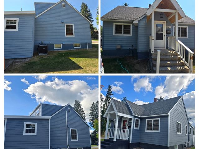 Four views of a house exterior repaint, from faded pale blue to a deeper blue with white trim, a charcoal foundation and a red front door.