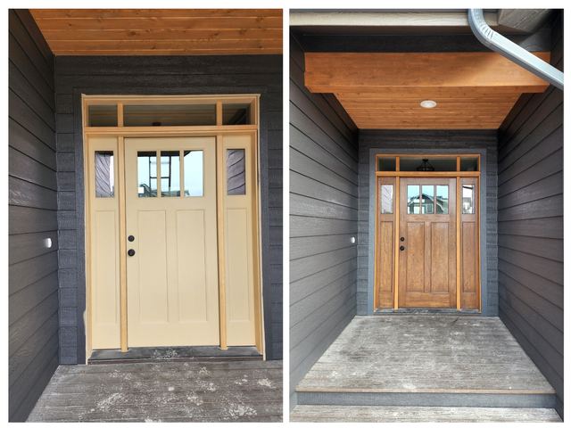 Before and after of a craftsman entry door, refinished from flat builder tan to warm stained wood with matching sidelights, against dark gray siding.